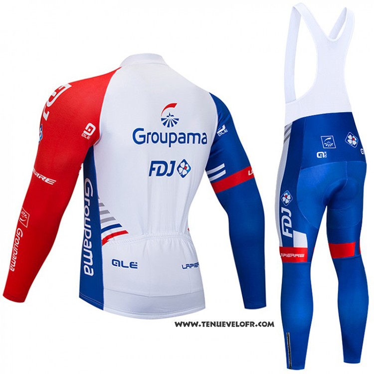 2018 Maillot Ciclismo Groupama FDJ Blanc Bleu Rouge Manches Longues et Cuissard